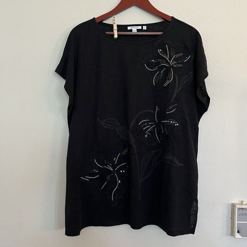Chico's Linen Black Floral Embellished Sequin Boat Neck Short Sleeve Top SZ 3 XL